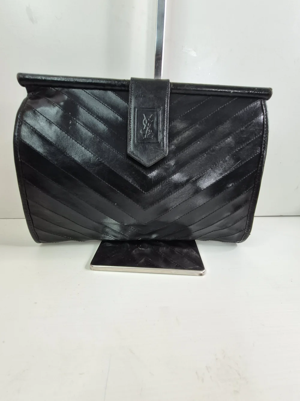 Yves Saint Laurent Black Chevron Leather Clutch - Picture 2 of 11